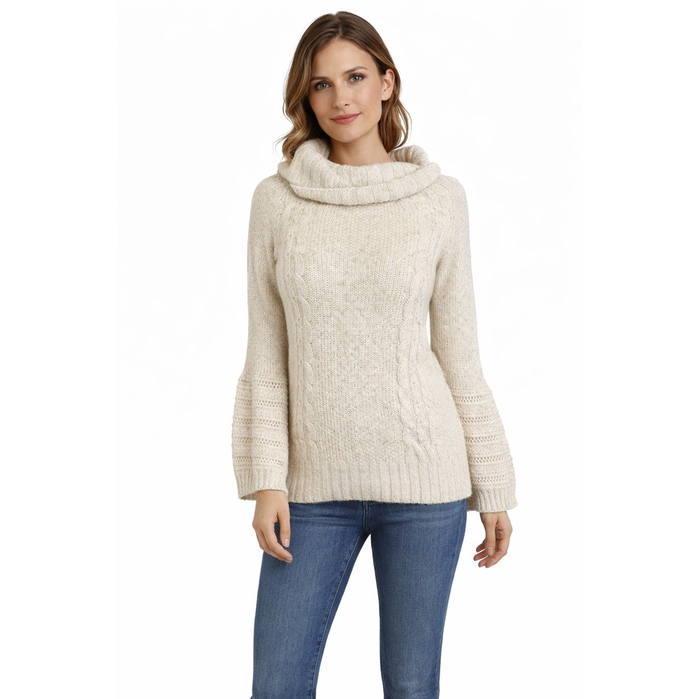 Anthropologie Sleeping on Snow Cowl Bell Sleeve Cream Cable Knit‎ Sweater Small